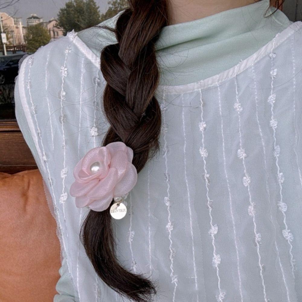 

Браслет с цветком камелии и жемчугом, сетчатый эластичный ободок для волос, милый цветок, веревка для волос, женский