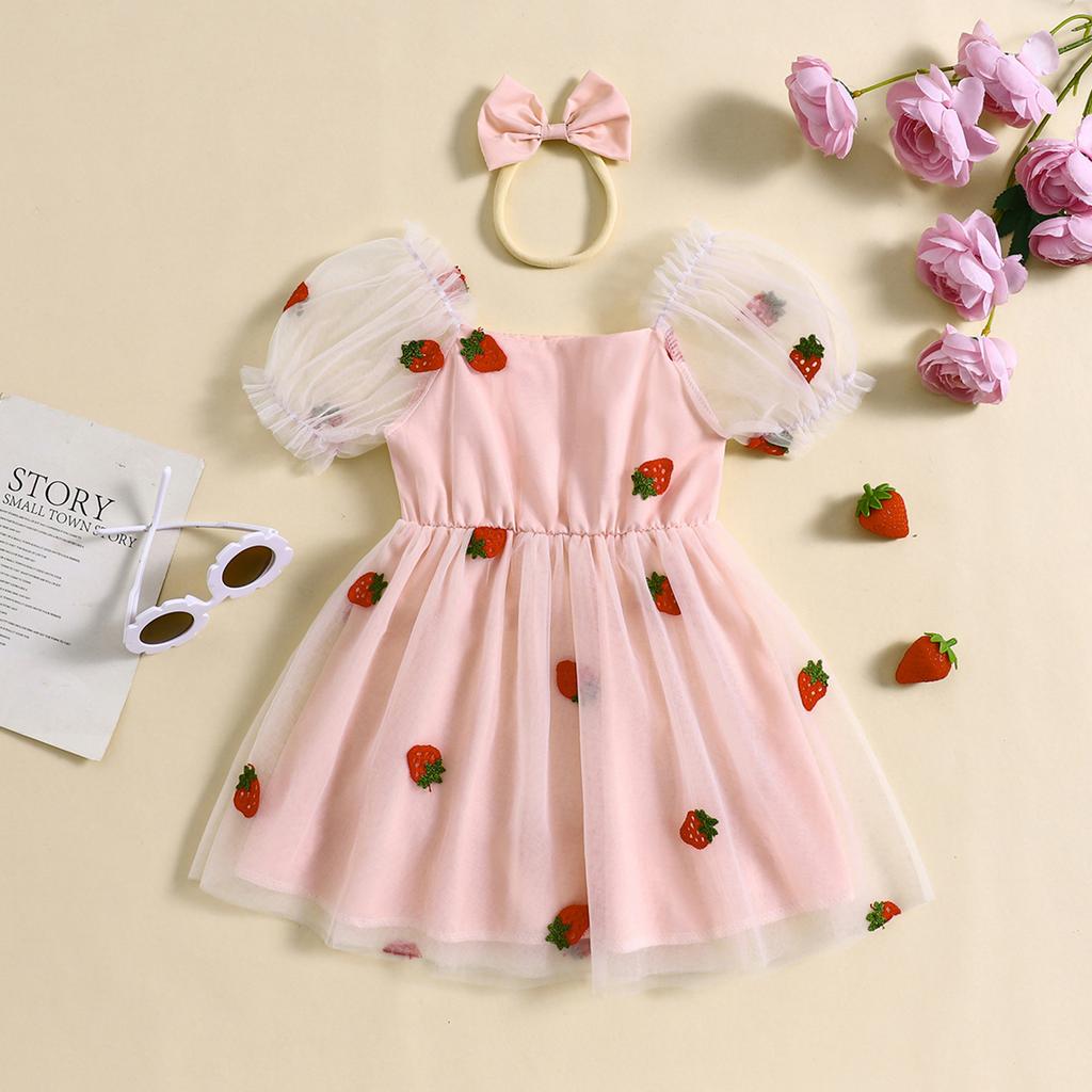 Kids Girl 's 2-piece Outfit, Puff Sleeve Embroidery Strawberry Tulle A-line Dress with Headband Summer Outfit