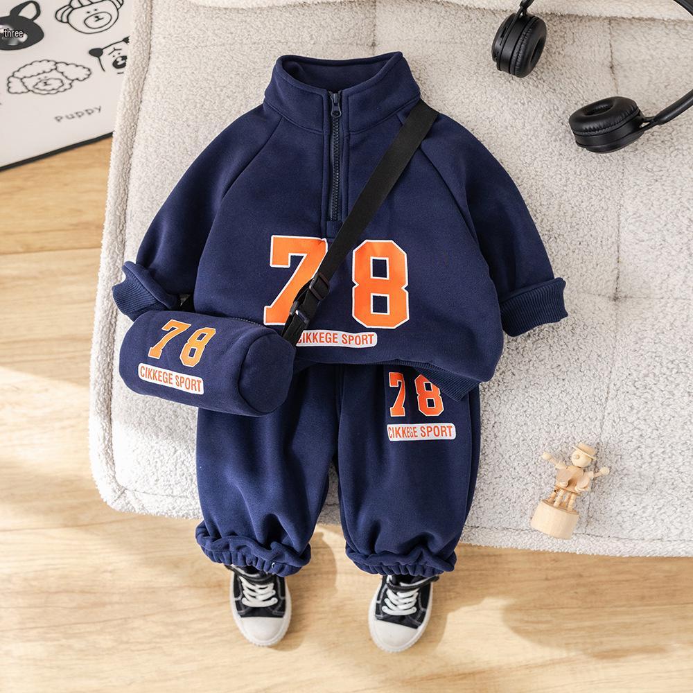 2025 Boys' Trendy Half-Zip Fleece Sweatshirt & Crossbody Bag Set for Autumn/Winter
