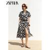Zaprha 2025 Summer New With Belt Knotted Print Lapel Poplin Midi Dress 5029127