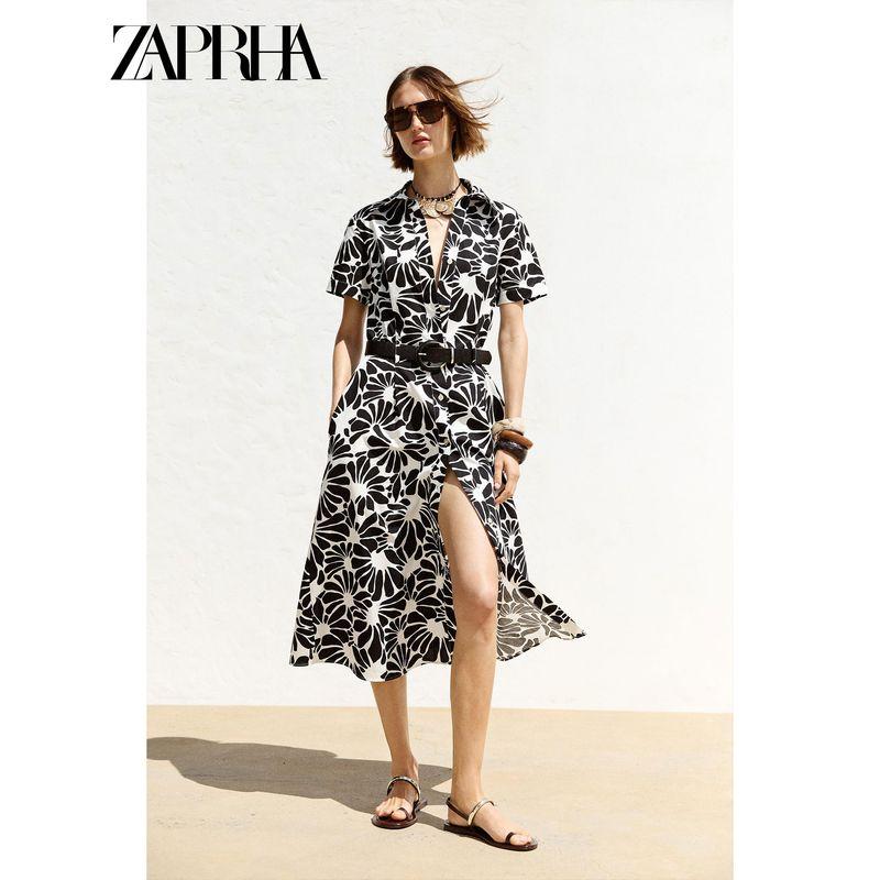 Zaprha 2025 Summer New With Belt Knotted Print Lapel Poplin Midi Dress 5029127