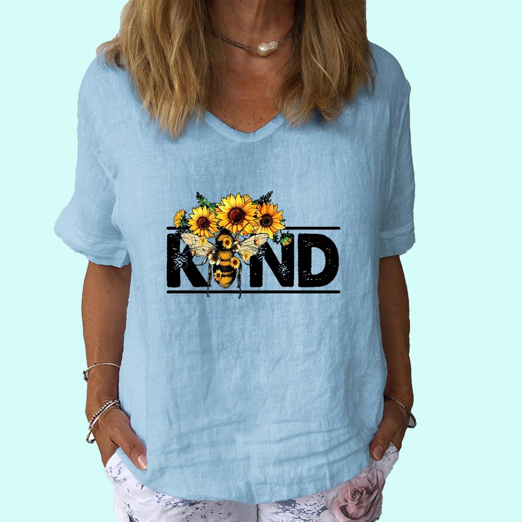 Women Fashion Short Sleeve Top Summer Casual V Collar  Shirt Ladies Print Cotton Linen T-shirt