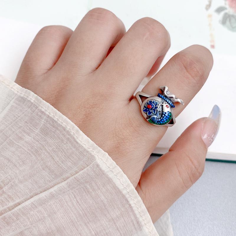 Adjustable 925 Sterling Silver Lotus Fish Ring for Men & Women - Chinese Style