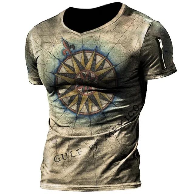 Summer Round Neck Vintage Compass Pattern 3D Print Top Fashionable Casual Short Sleeved Men's T-shirts