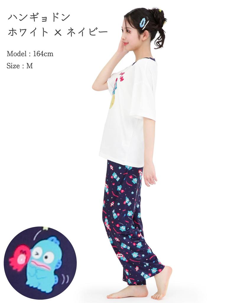 SAZAC Cosmic Hangyodon Pajama Powder Stretch Short Sleeve and Long Pants Loungewear x Set, Fabric, Women's Set, (White Navy/M/SAN1954)