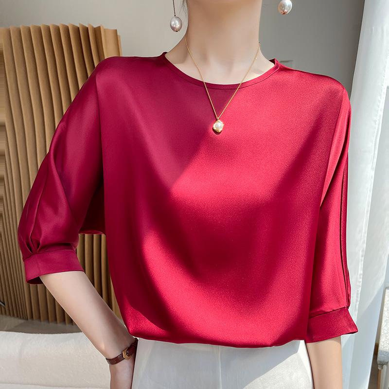 Round Neck Acetic Acid Satin Thin Draping Niche Design Sense 7-quarter Sleeve Summer Everyday Relaxed Fit Short-sleeved Base Top