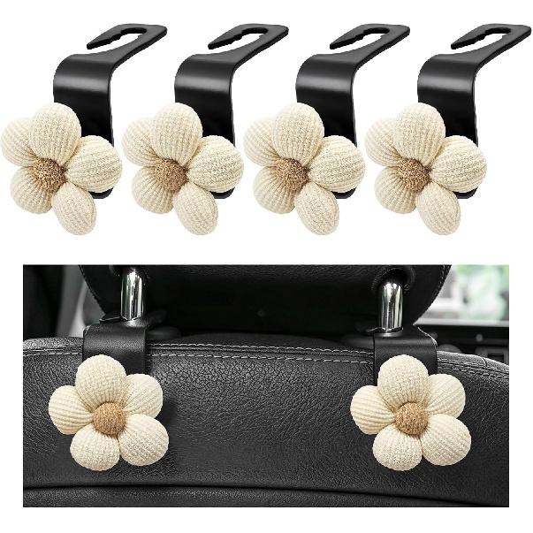 4 PCS Car Seat Headrest Hooks, Cute Flower Vehicle Backseat Hanger Storage Hook, Portable Auto Seat Back Holder Hanging Organizer for Purse Grocery