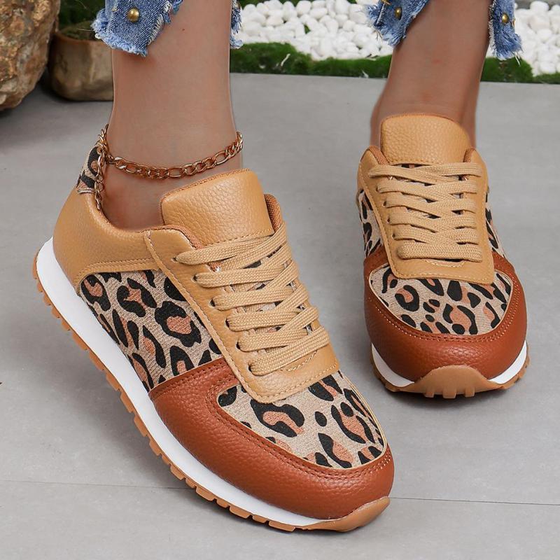 Fashion Leopard Print Women Casual Shoes Autumn Leather Ladies Sports Shoes Lace-up Slip On Fashion 2024 Casual Outdoors Walking Shoes