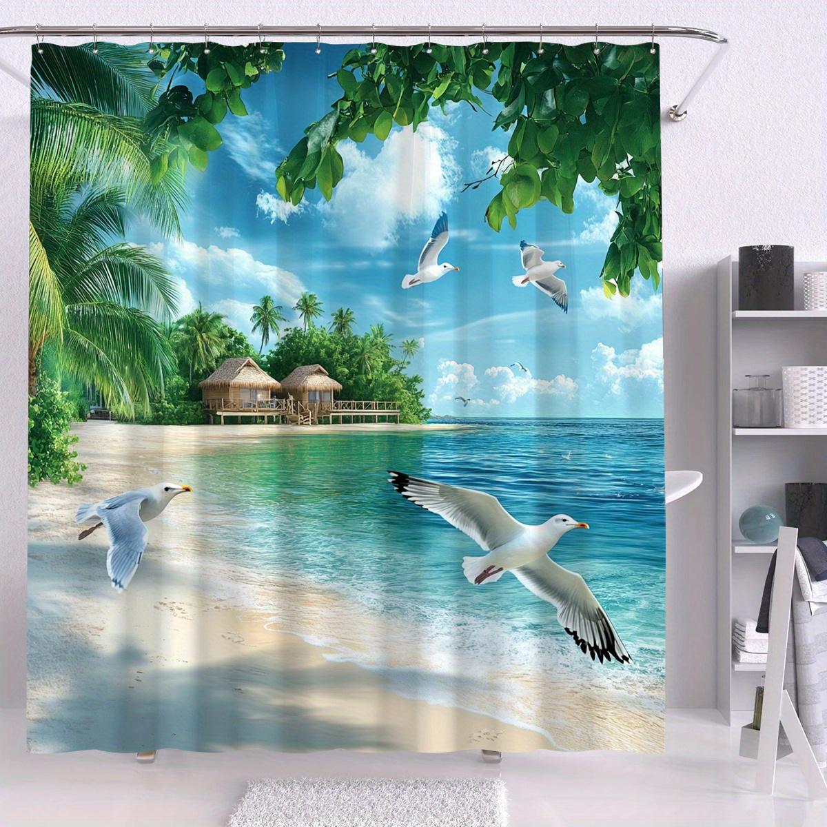 

1 Tropical Beach Shower Curtain - Polyester Fabric Features A Vibrant Cuban Coastal Design With Beach Houses And Blue Skies W60H190(CM)-1 Pcs