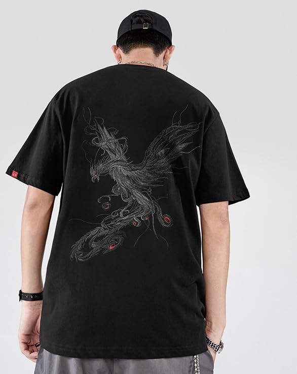 Short Sleeve with Funny Embroidery and Japanese Round Street Cool Summer Sizes FUN501 Men's T-Shirt Pattern, 100% Cotton, Unisex, Casual, Collar,