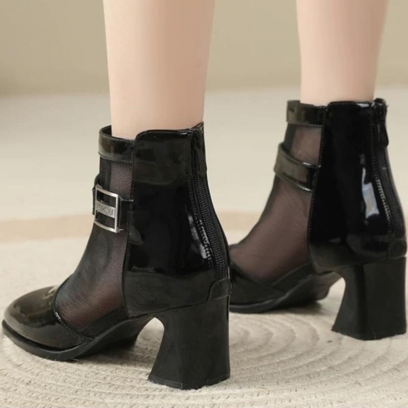 Cool Boots Spring New Square Head Splicing Mesh Metal Buckle Back Zipper Anti-slip Wear-resistant Short Boots