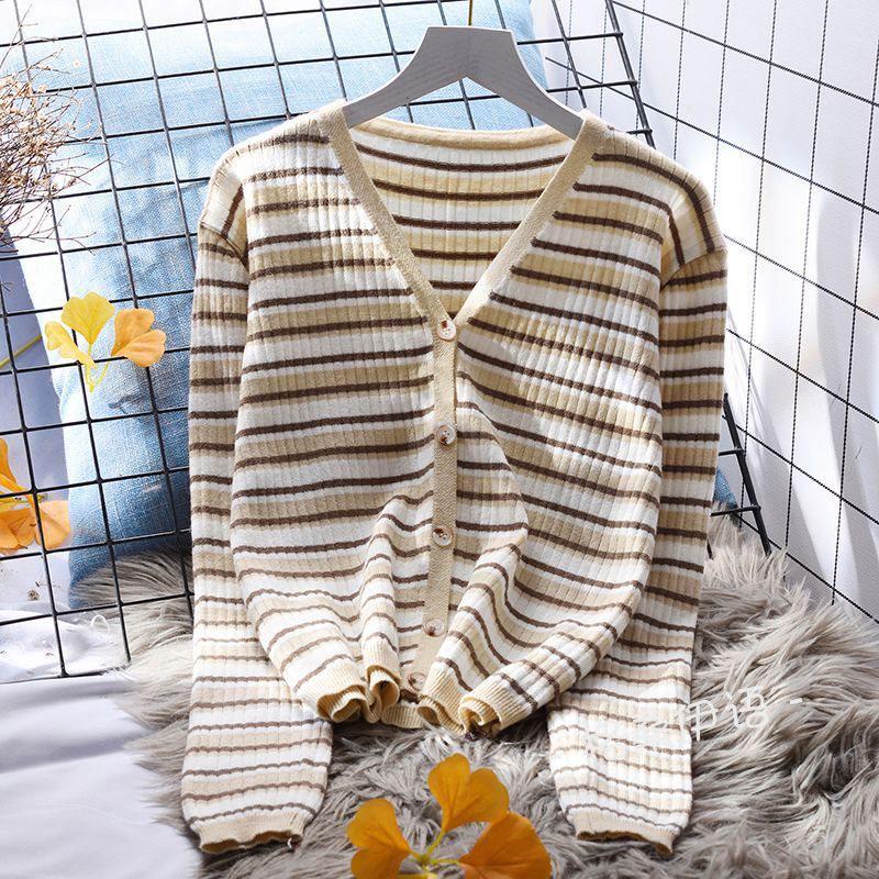 Dámský pruhovaný pletený kardigan v korejském stylu, s dlouhým rukávem, všestranný top, svetr jako svrchní oděv na jaro a podzim.