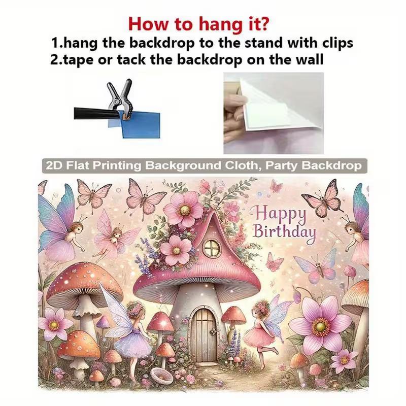 2D Whimsical Fairy Garden with Mushroom House Happy Birthday Backdrop