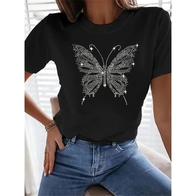 Women's Short Sleeved T-shirt with Round Neck Butterfly 3D Printed Top T-shirt