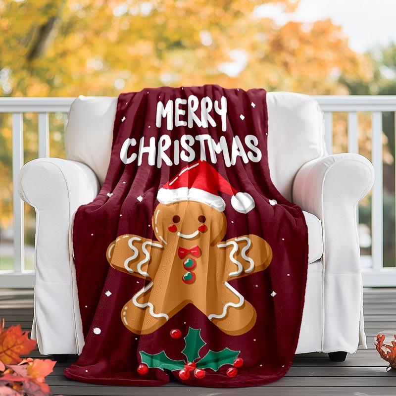 1pc Christmas Gingerbread Man Printing Lightweight Flannel Blanket, Comfortable and Warm Blanket, for Camping Sofa Bed and Couch Office, Gift
