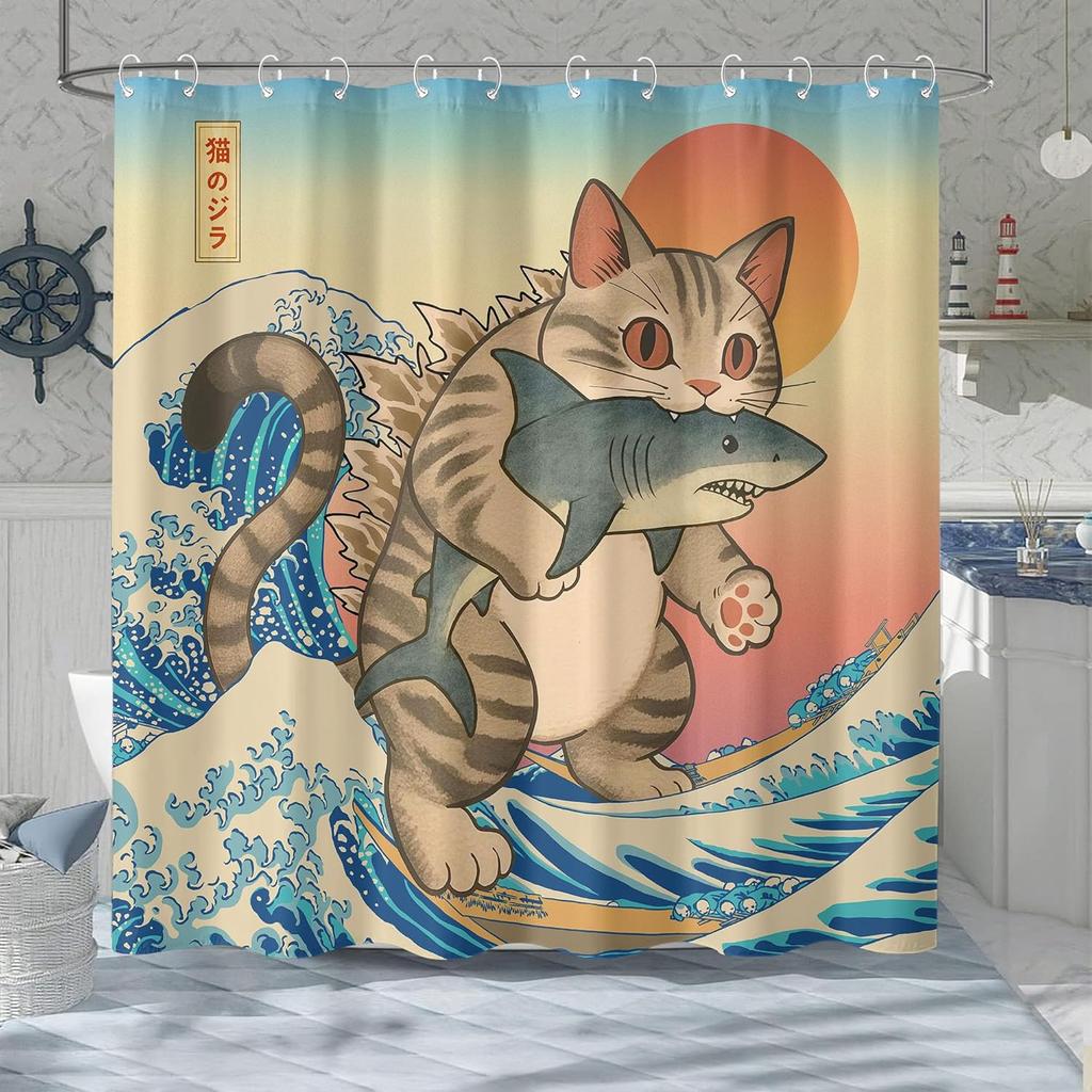 Funny Japanese Cat Shower Curtain Cute Fun Cool Cat Monster Shark Shower Curtains For Bathroom Vintage Ocean Waves Anime Kids
