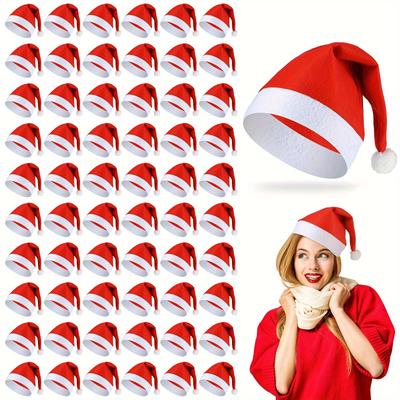60pcs Christmas Santa Hats Soft Polyester Non-Stretch Fabric Christmas Decorations Gifts for Adults Children Christmas Clothes