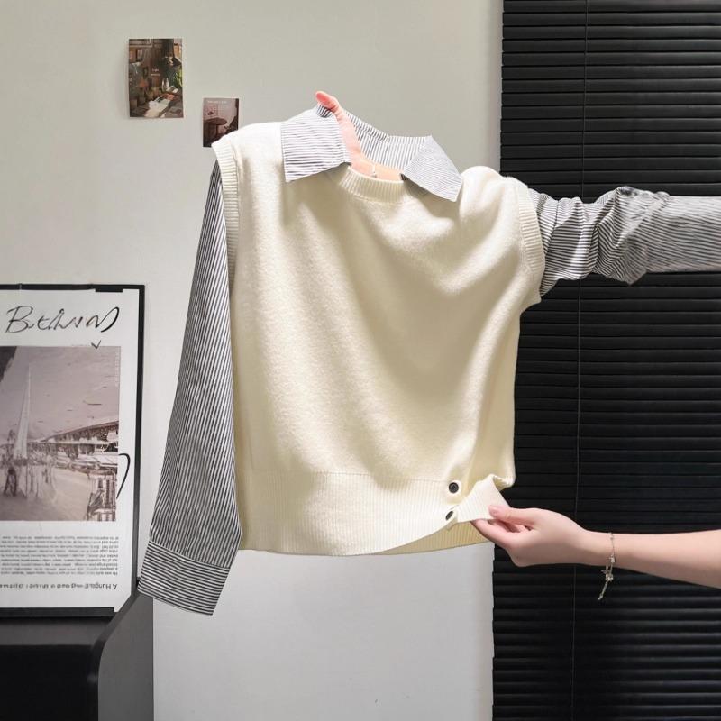 Splicing shirt long-sleeved knitted sweater women's autumn new wear fake two-piece casual top