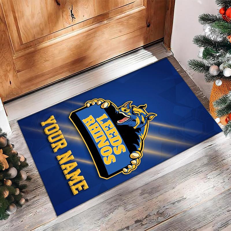 Leeds Rhinos Crystal Velvet Rug, Custom Name Text Personalized Non‑Slip Floor Mat for Home Decor Gift