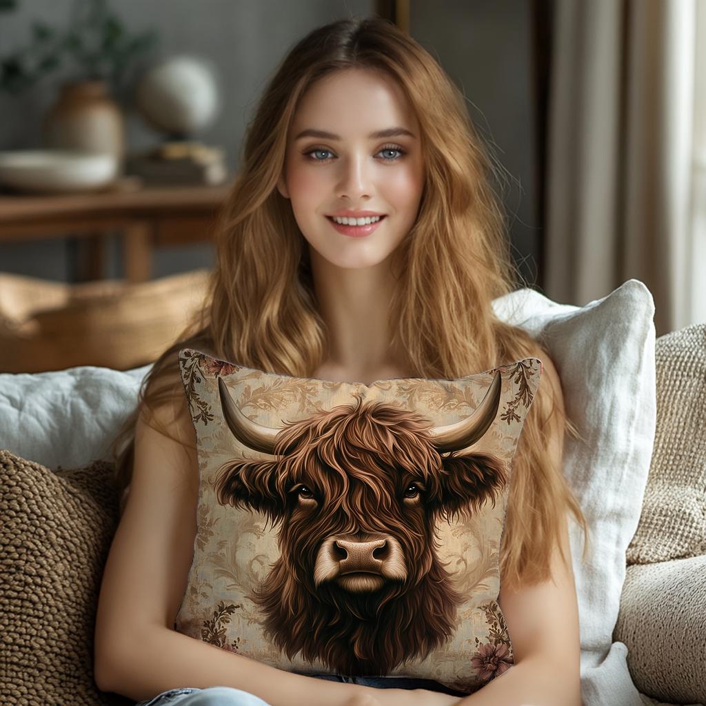 Highland Cow Hugging Pillowcase, Abstract Floral Print, Nordic Countryside Style, Cushion Cover, Living Room Sofa Decoration