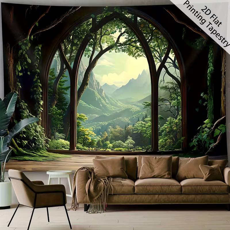 2D Enchanted Forest Tapestry, Gothic Arched View Landscape Wall Hanging 47.2x31.5inch/120*80cm