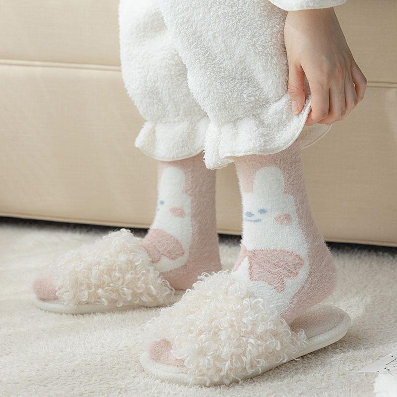 Șosete roz dulce cu iepurași și fundă, imitație nurcă, iarnă, pluș, calde, de casă, pentru dormit, ins japonez, desene animate, drăguțe, cu blană, șosete tub