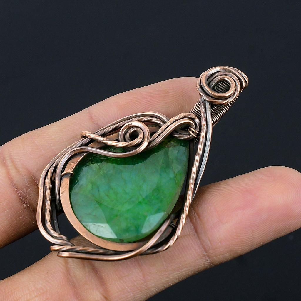 Emerald Pendant, 999 Copper Wire Wrapped Pendant Gemstone Jewelry, Handmade Pendant Amazing Jewelry, Gift For Her