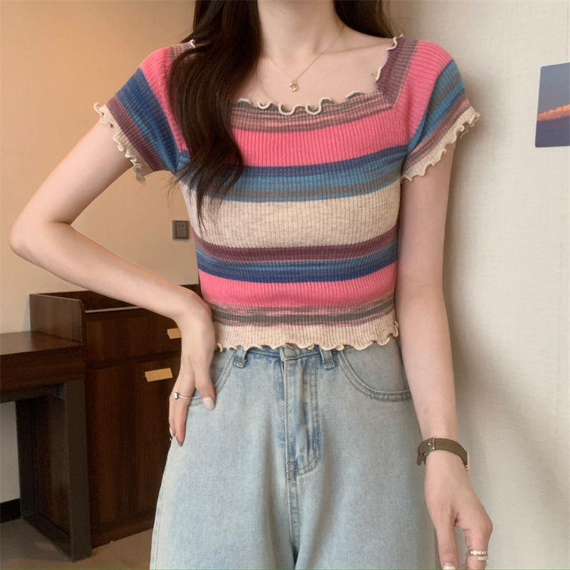 Rainbow Striped Square Neck Front Shoulder Knitted Short Sleeved T-shirt Summer Thin Cut with A Waistband Short Cut Chic and Beautiful Top