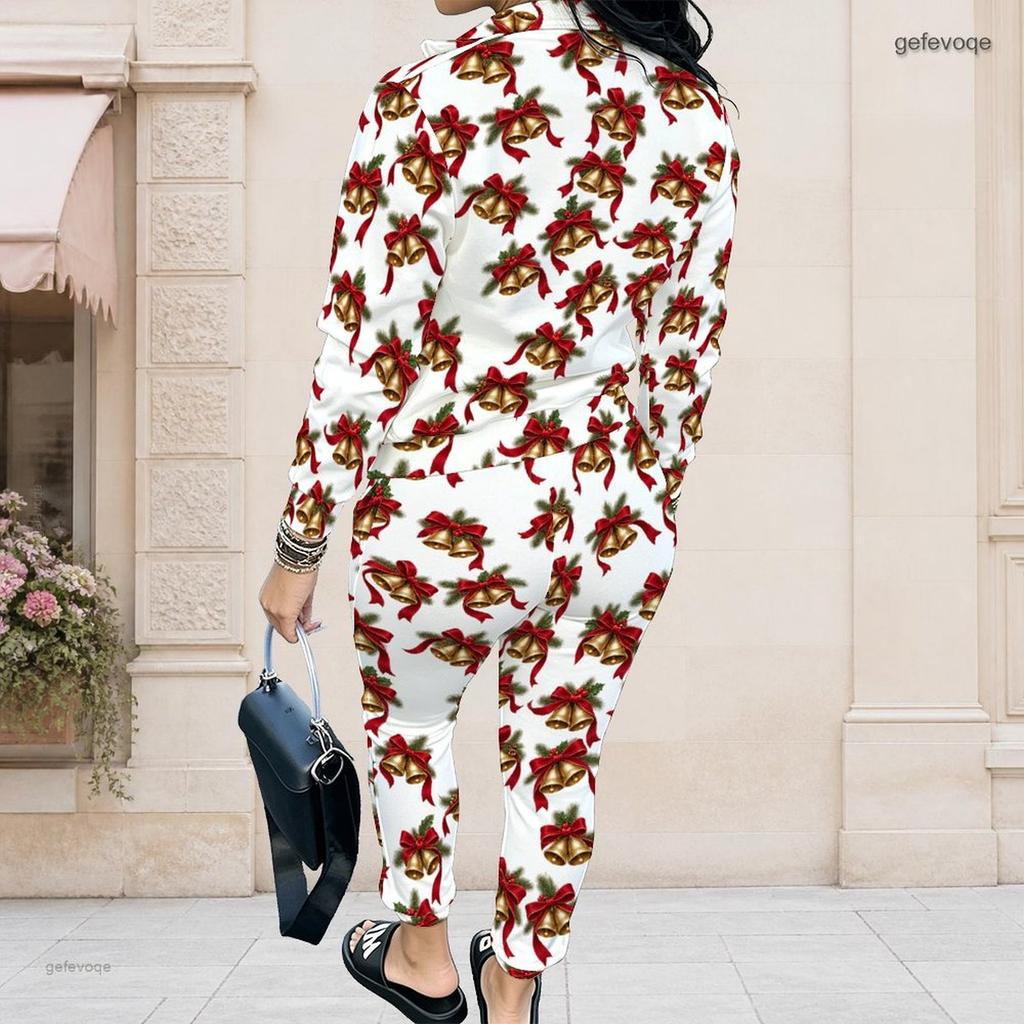 Women Plus Size Stand Collar Long Sleeve Zip Jacket And Pants White Teddy Bear Printed Two Piece Set