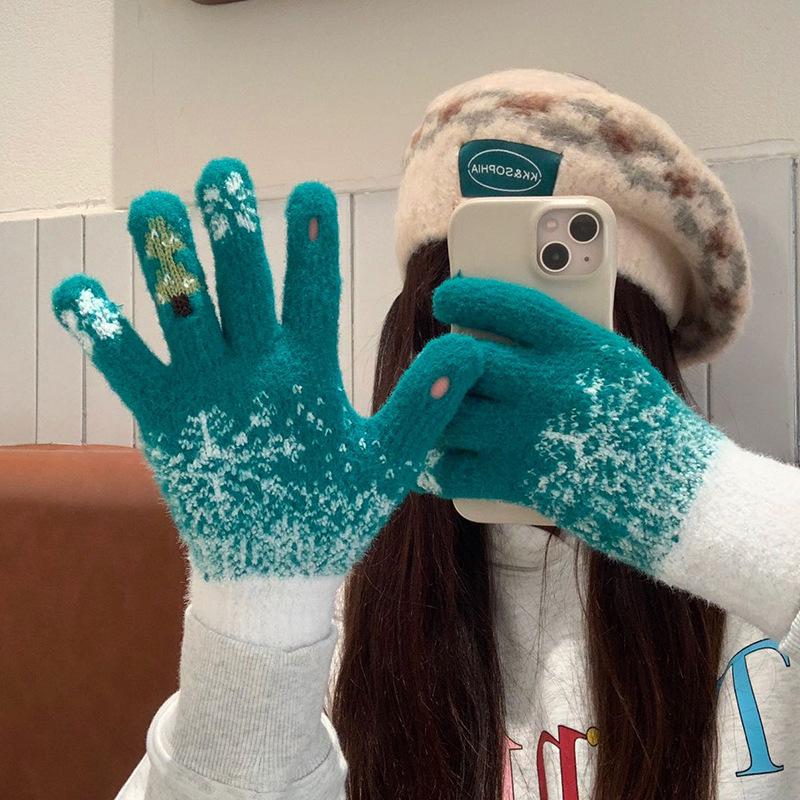 

Женские милые зимние перчатки без пальцев с сенсорным экраном, утолщенные плюшевым вельветом, теплые шерстяные вязаные для езды, холодостойкие для Рождества.