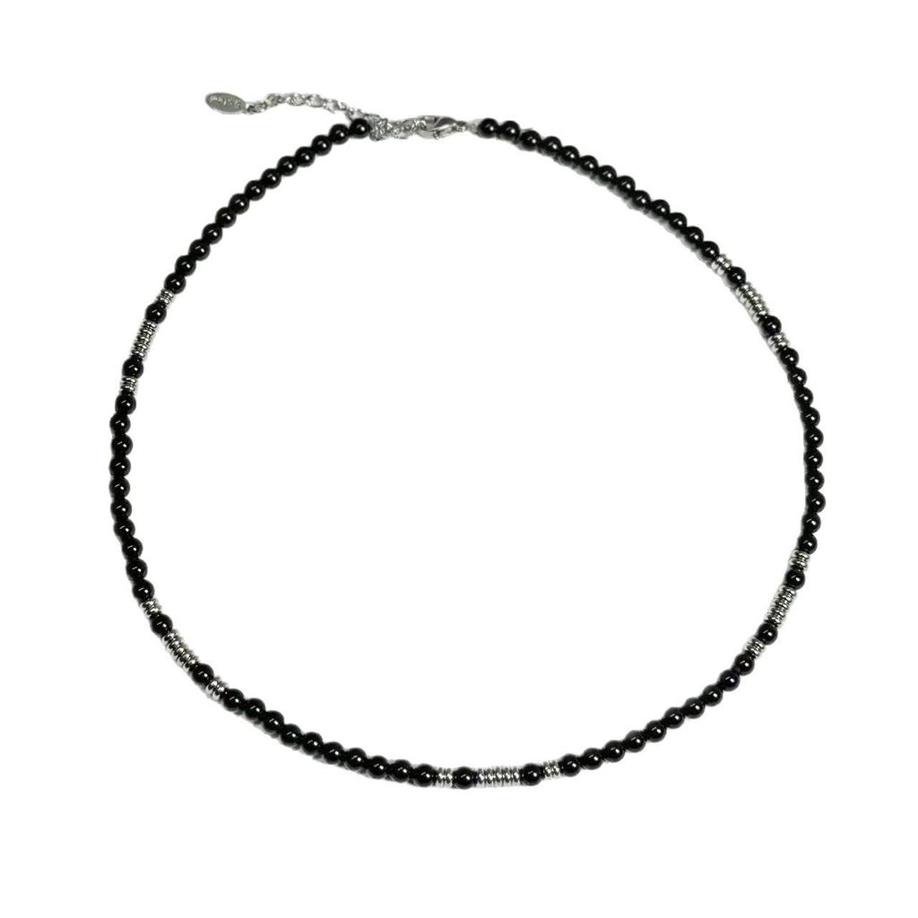 Niche Design Black Spinel & Freshwater Pearl Necklace in Titanium Steel