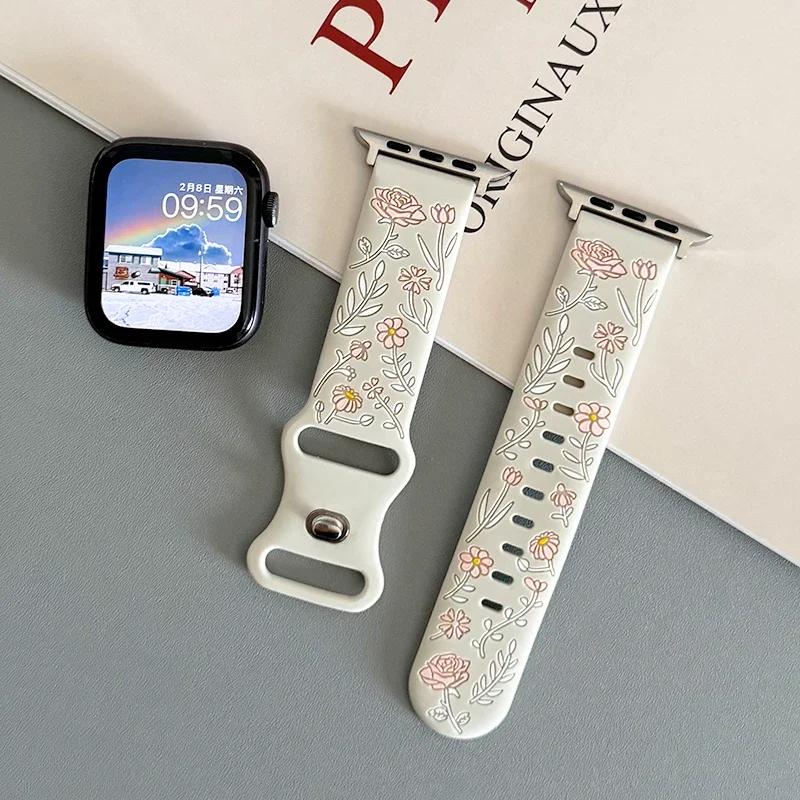 New Floral Engraved Bracelet For Apple Watch Band 44mm 42mm 41mm 40mm 45mm 49mm 46mm Correa Iwatch Series 10 9 7 SE 6 8 Ultra