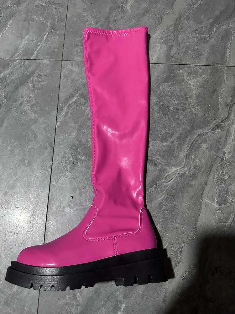 

Мода Эластичные современные женские сапоги выше колена Модные туфли с круглым носком Осень-зима Женские длинные сапоги на толстом каблуке 43