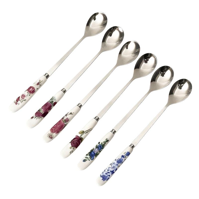 1pcs Stainless Steel Coffee Spoons With Ceramic Handles - Perfect For Mixing, Sugar, Ice Cream Kitchen & Dining Accessories