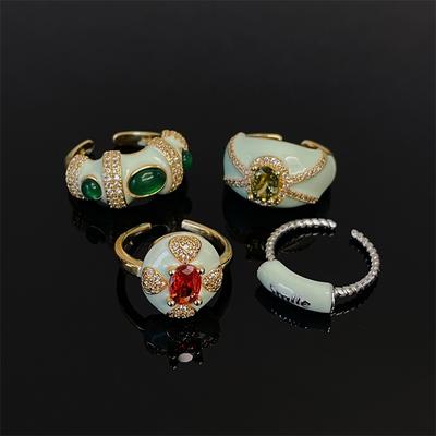 Mambo Mint Green Drop Oil Open Ring Personality Heavy Industry Full Diamond Zircon Index Finger Ring Personality Ring Female