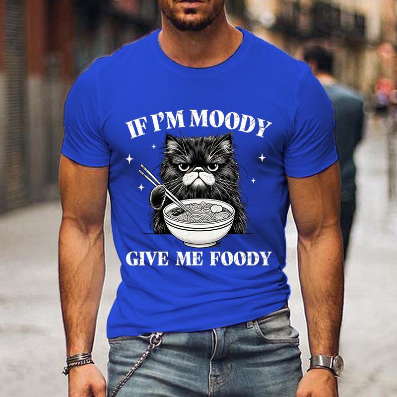Ramen Schwarze Katze Grafik T-Shirts Wenn ich launisch bin, gib mir Futtery Lustige Herren T-Shirts Kurzarm Kleidung Hip Hop Streetwear