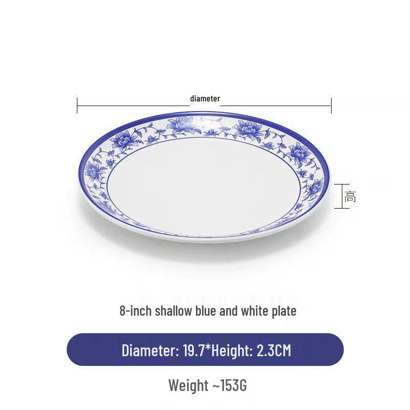 Plato redondo de melamina azul y blanca - Imitación de porcelana gruesa, ideal para salteados, arroz y uso en restaurantes.