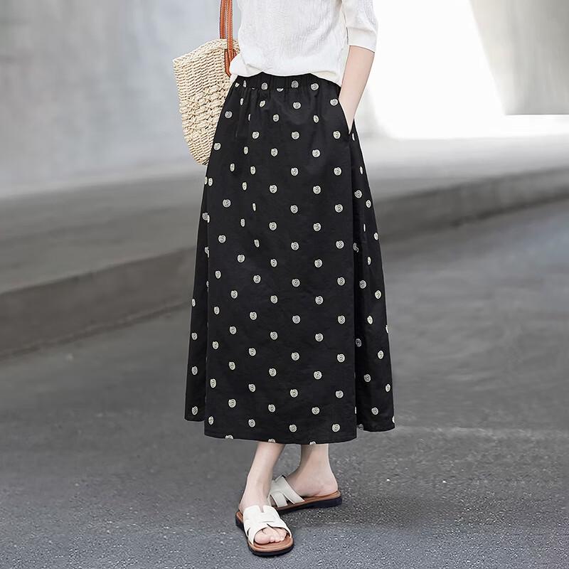 Women's Elegant Linen Polka Dot A-line Midi Skirt