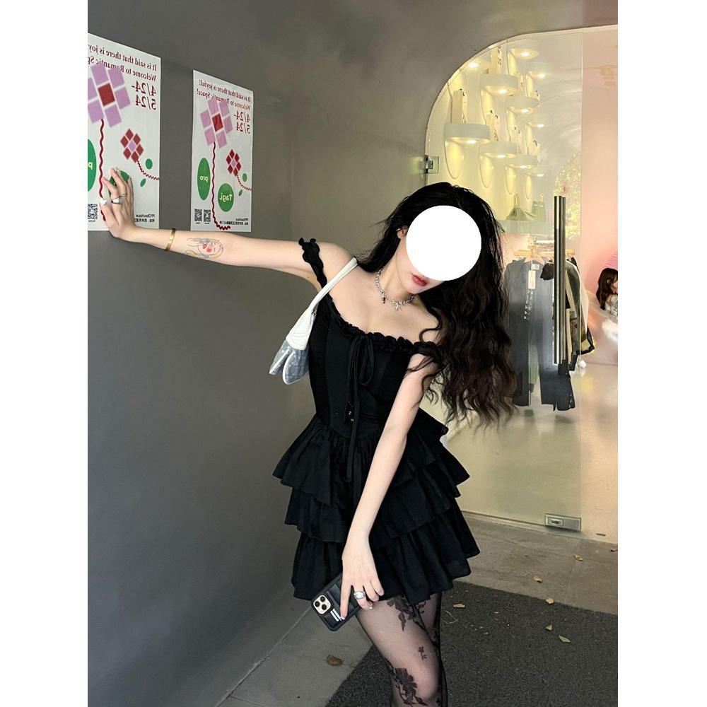 Sweet and spicy black careful machine dress summer chic beautiful princess suspender skirt