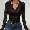 Women Tops V-Neck Long Sleeve See-through Lace Floral Design Pullover Tops Slim Fit Layering Versatile Tops