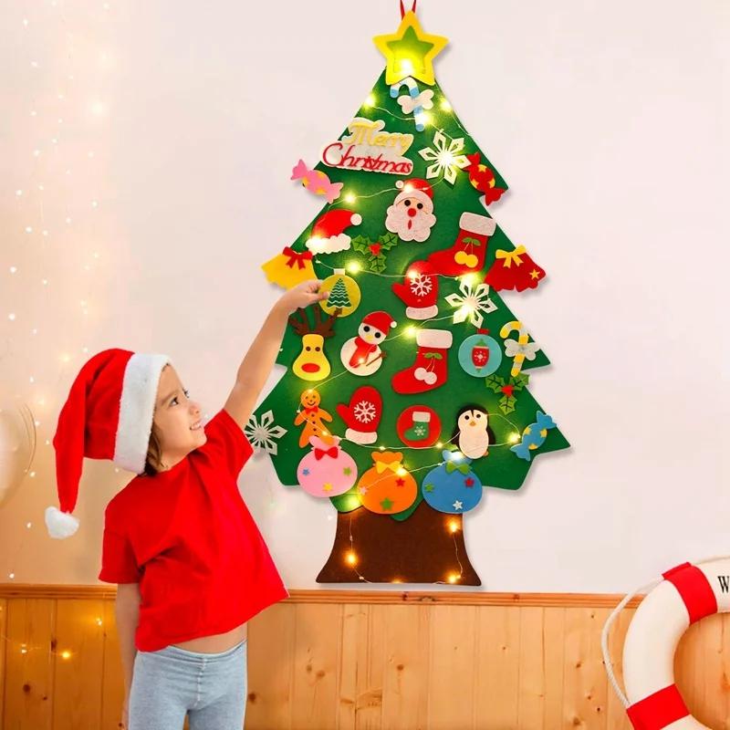 DIY Filz Weihnachtsbaum Frohe Weihnachten Dekorationen für Zuhause 2024 Navidad Weihnachtsbaum mit Licht Weihnachtsschmuck Neujahrsgeschenk