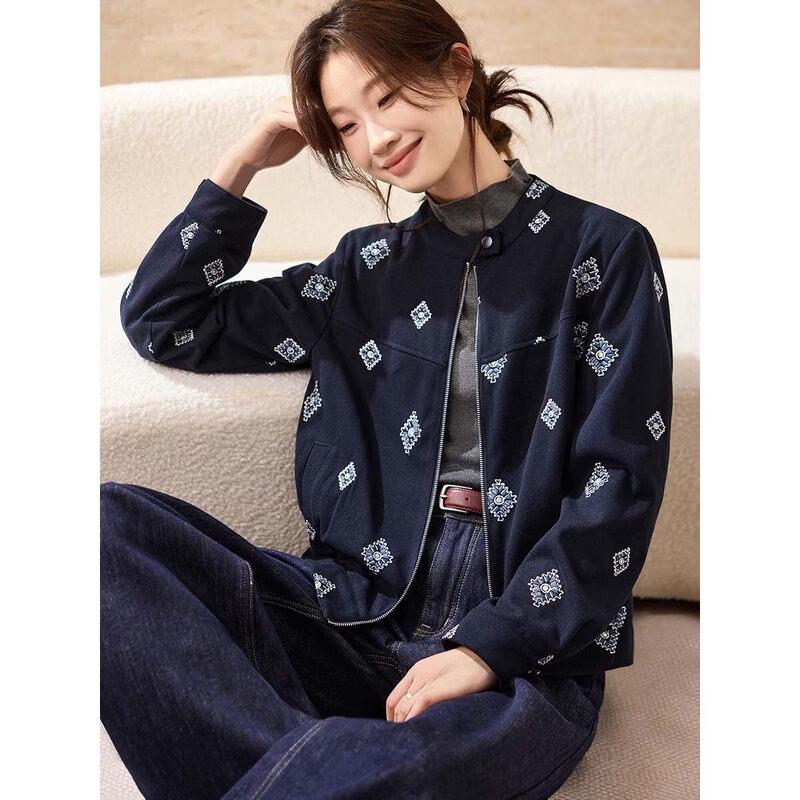 Women s Vintage Plaid Embroidered Stand Collar Short Jacket XL