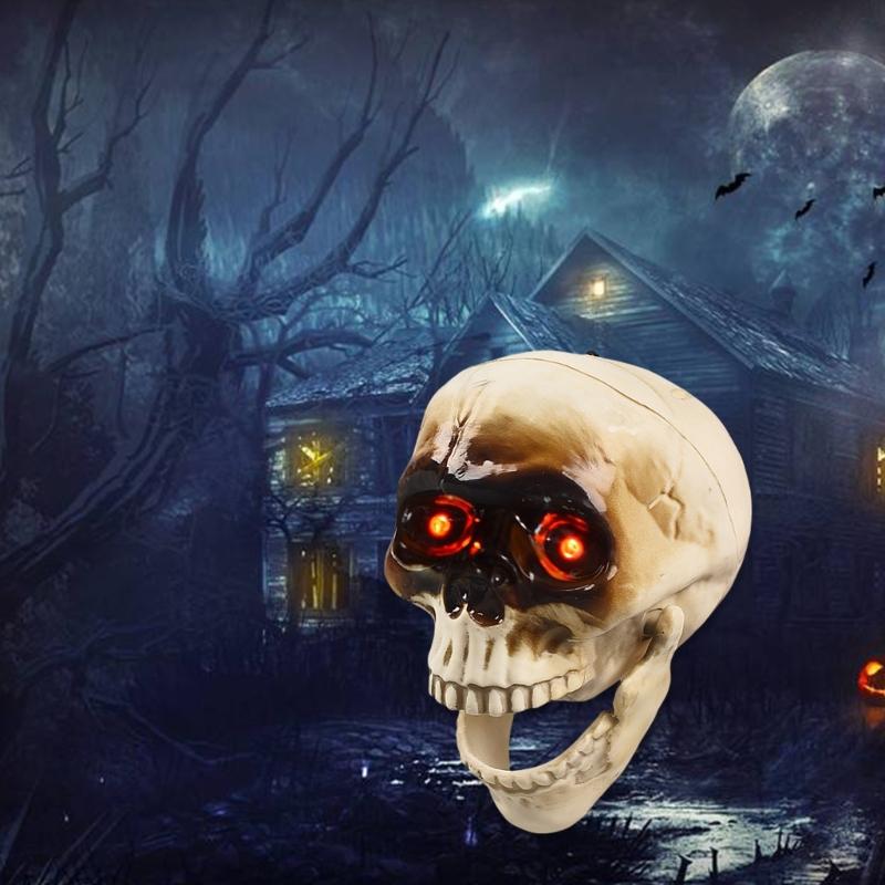 Halloween Party Props Skull Head Ornament with Animated Jaw Movement and Sounds Terrifying Skeleton Home Decoration