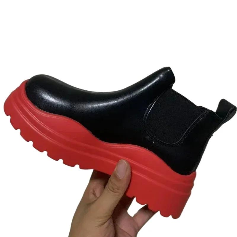 Round Head Ankle Chelsea Boots Bottom Slip-on 2024 Autumn Women New Thick Boots Women's Boots Fashion Platform Shoes Botas Mujer