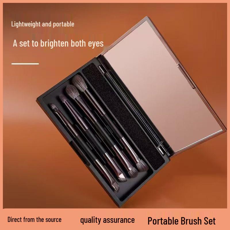 Travel Double-Ended Makeup Brush & Mirror Case - Multi-functional Eyeshadow & Setting Brush