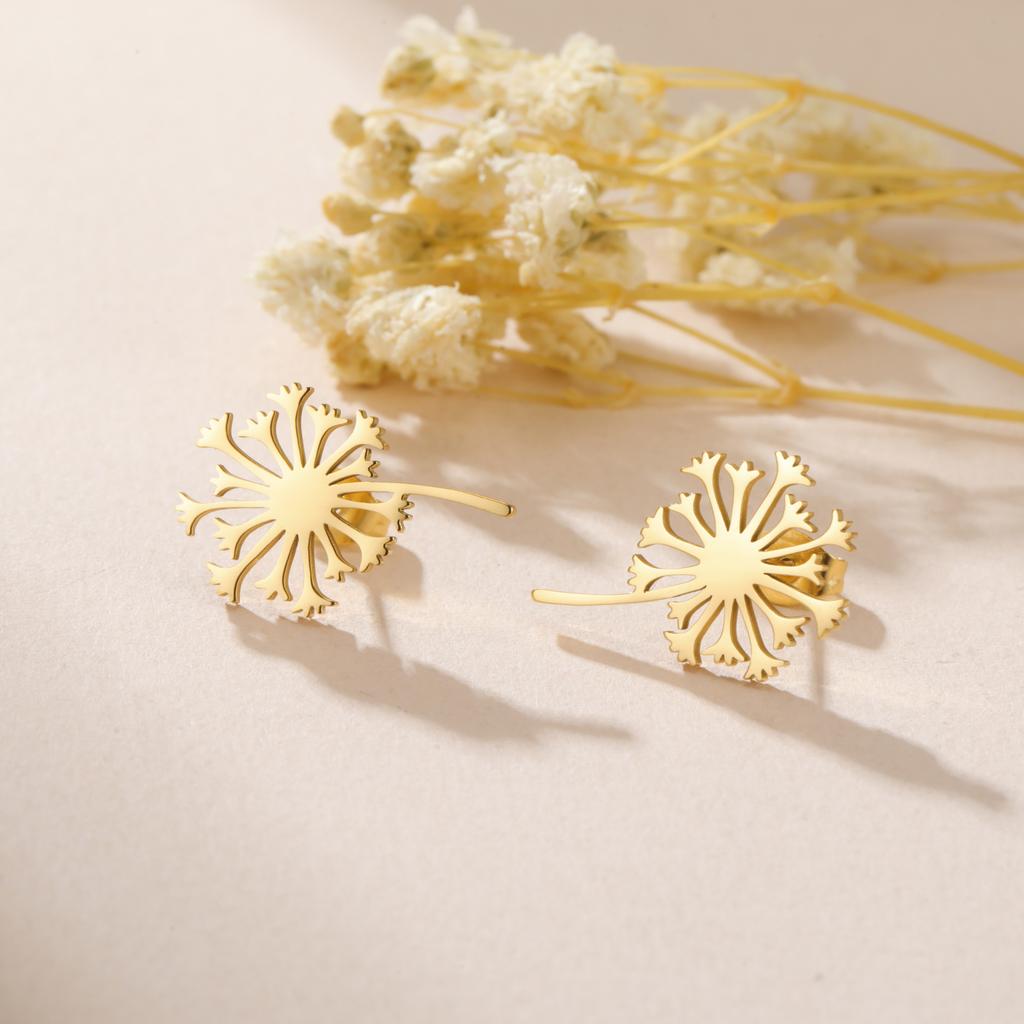 Teamer Dandelion Stud Earring for Women Girls Gold Color Stainless Steel Small Ear Studs Flower Style Fashion Zircon Gift