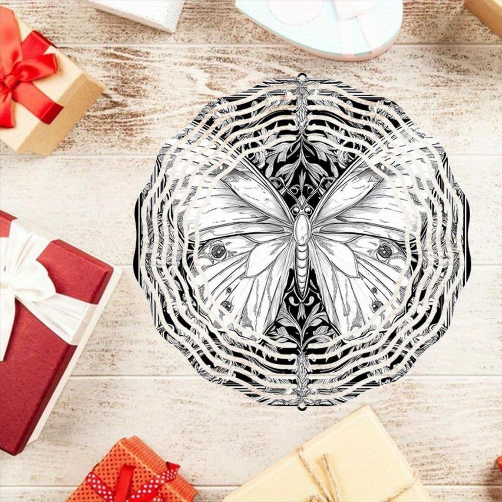 Hand-Drawn Metallic Black & White 3D Butterfly Mandala Wind Chime - Outdoor Hanging Garden Sculpture Art, No Power Needed