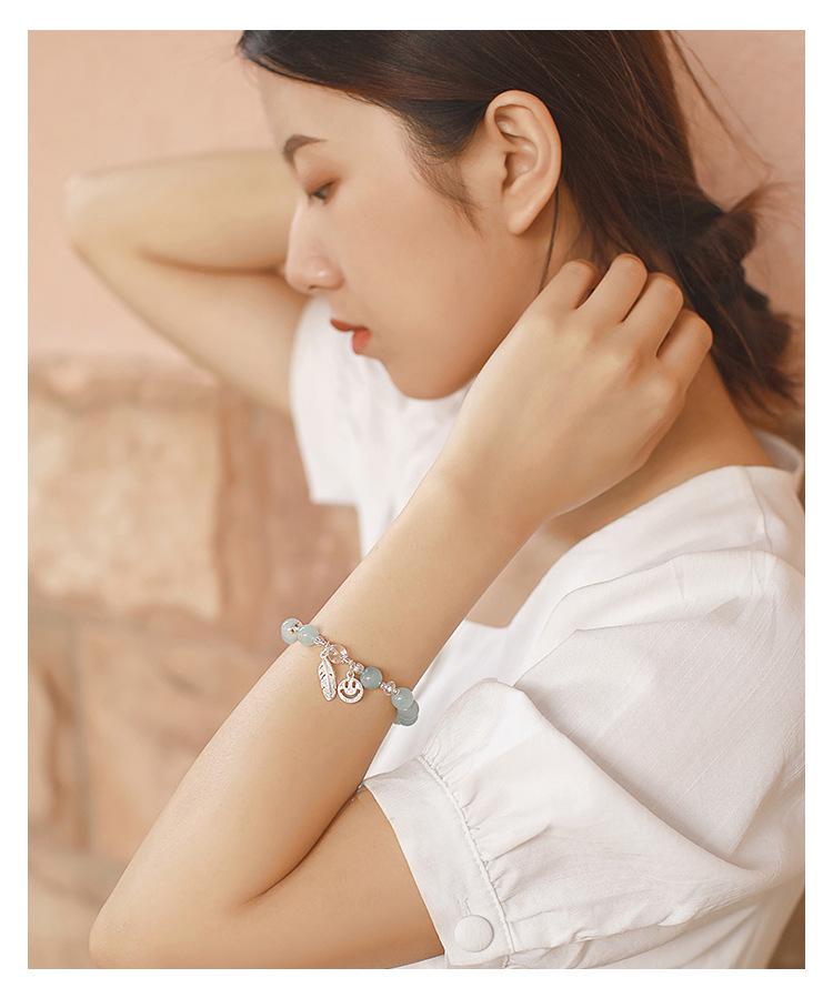 Aquamarine Fresh Blue Crystal Beaded Bracelet with S925 Silver Feather