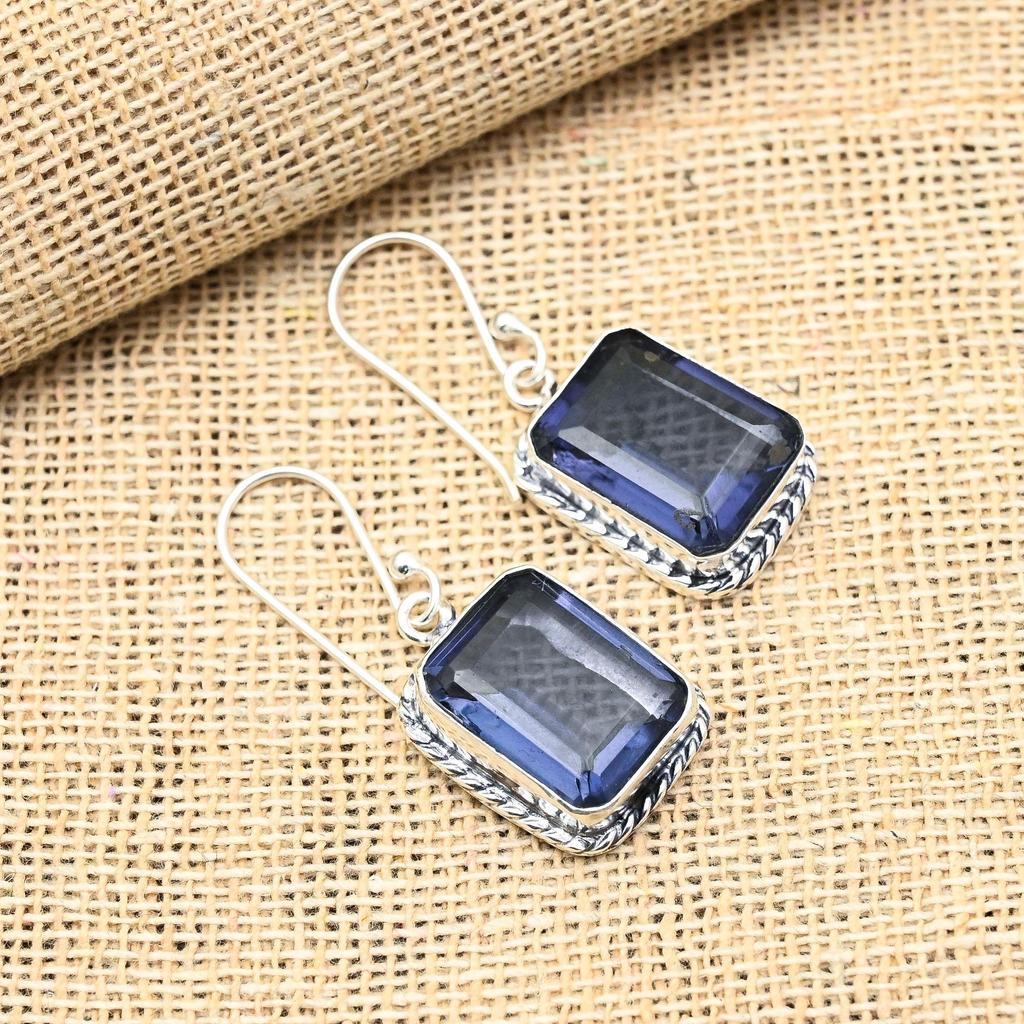 Hermosos pendientes de plata de ley maciza 925 hechos a mano con piedras preciosas de iolita para ella