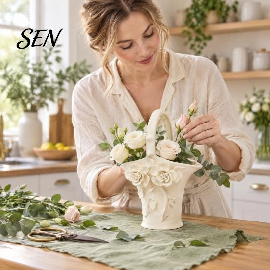 Flower Arrangement Holder PETG Rose Relief Basket, French Pastoral Style Floral Artificial Bouquet Holder, Decorative Vase for Table Centerpiece Home
